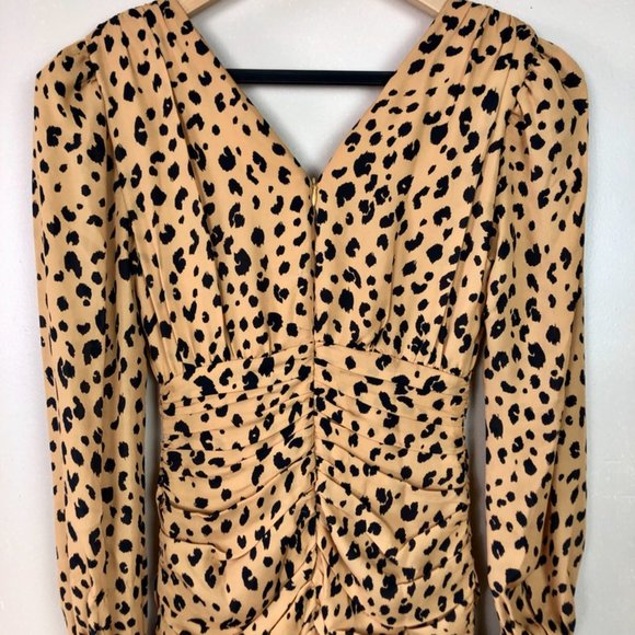 Puff sleeve leopard printed silk ruffle mini dress - size 0 - Modern 80s style - Picture 5 of 16